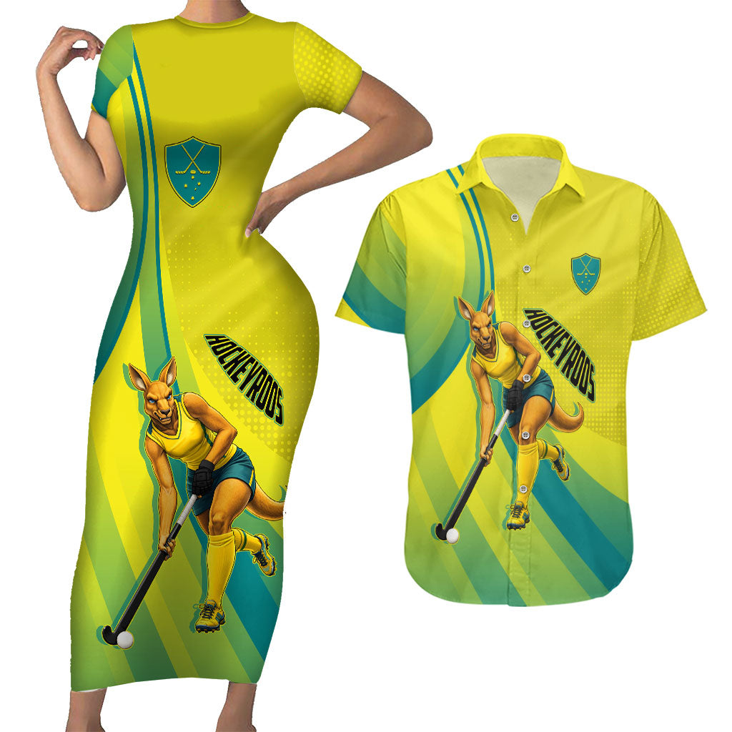 Personalised Hockeyroos Kangaroo Field Hockey Couples Matching Short Sleeve Bodycon Dress and Hawaiian Shirt Dynamic Australia Green Gold Athlete Mascot Design