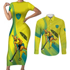 Personalised Hockeyroos Kangaroo Field Hockey Couples Matching Short Sleeve Bodycon Dress and Long Sleeve Button Shirt Dynamic Australia Green Gold Athlete Mascot Design