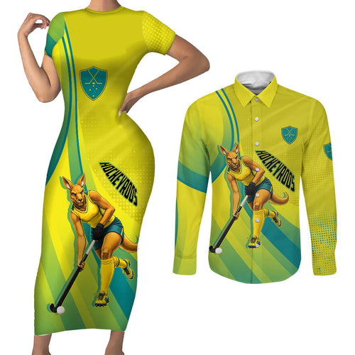 Personalised Hockeyroos Kangaroo Field Hockey Couples Matching Short Sleeve Bodycon Dress and Long Sleeve Button Shirt Dynamic Australia Green Gold Athlete Mascot Design