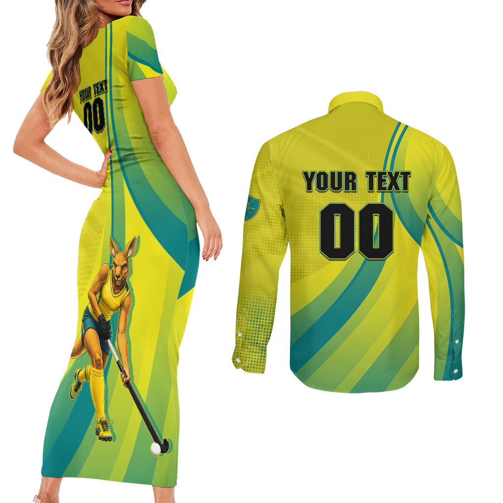 Personalised Hockeyroos Kangaroo Field Hockey Couples Matching Short Sleeve Bodycon Dress and Long Sleeve Button Shirt Dynamic Australia Green Gold Athlete Mascot Design