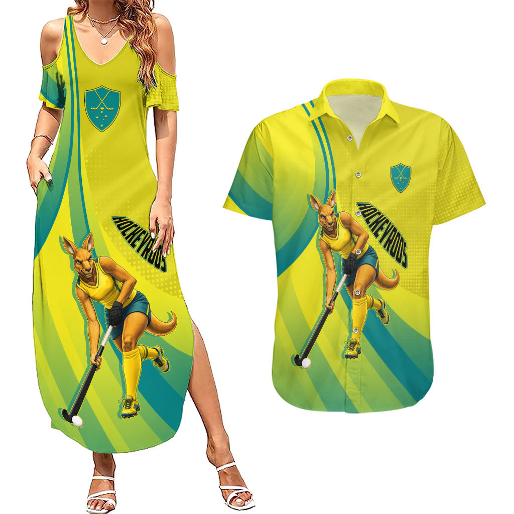 Personalised Hockeyroos Kangaroo Field Hockey Couples Matching Summer Maxi Dress and Hawaiian Shirt Dynamic Australia Green Gold Athlete Mascot Design