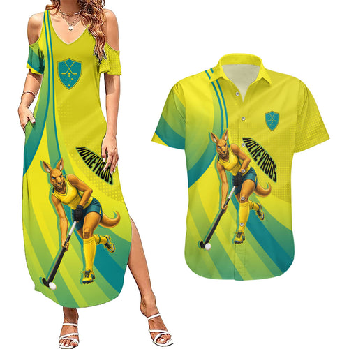 Personalised Hockeyroos Kangaroo Field Hockey Couples Matching Summer Maxi Dress and Hawaiian Shirt Dynamic Australia Green Gold Athlete Mascot Design
