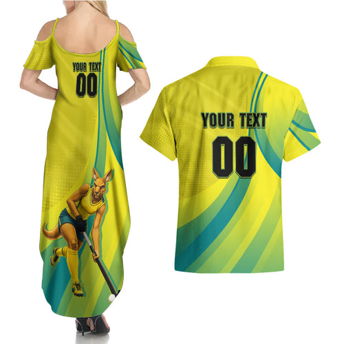 Personalised Hockeyroos Kangaroo Field Hockey Couples Matching Summer Maxi Dress and Hawaiian Shirt Dynamic Australia Green Gold Athlete Mascot Design