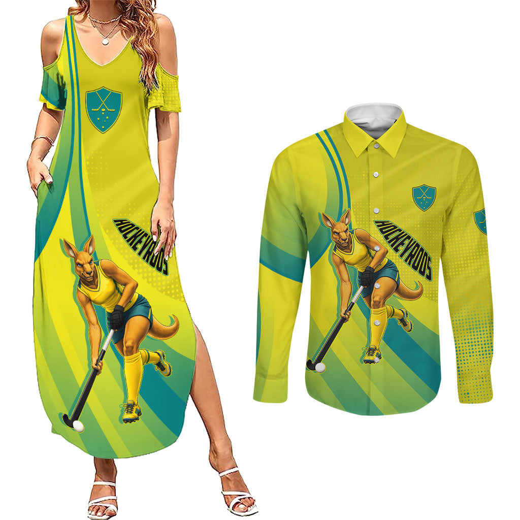 Personalised Hockeyroos Kangaroo Field Hockey Couples Matching Summer Maxi Dress and Long Sleeve Button Shirt Dynamic Australia Green Gold Athlete Mascot Design