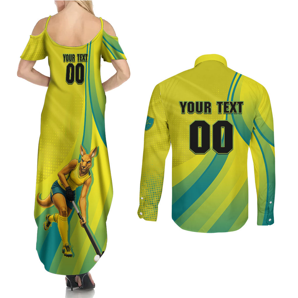 Personalised Hockeyroos Kangaroo Field Hockey Couples Matching Summer Maxi Dress and Long Sleeve Button Shirt Dynamic Australia Green Gold Athlete Mascot Design