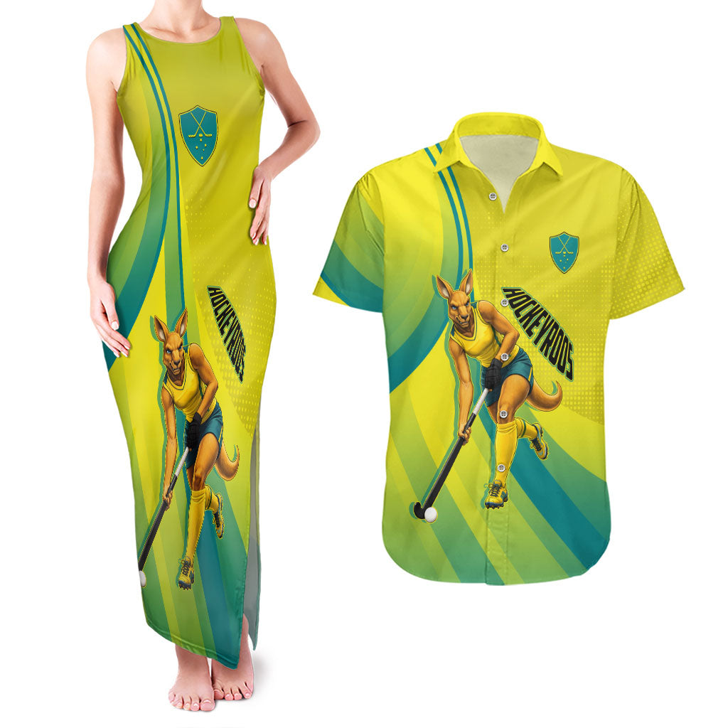 Personalised Hockeyroos Kangaroo Field Hockey Couples Matching Tank Maxi Dress and Hawaiian Shirt Dynamic Australia Green Gold Athlete Mascot Design