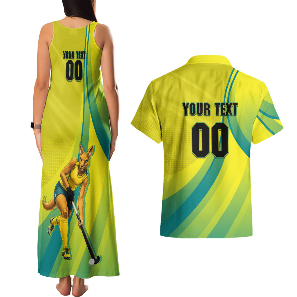 Personalised Hockeyroos Kangaroo Field Hockey Couples Matching Tank Maxi Dress and Hawaiian Shirt Dynamic Australia Green Gold Athlete Mascot Design