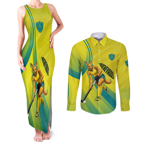 Personalised Hockeyroos Kangaroo Field Hockey Couples Matching Tank Maxi Dress and Long Sleeve Button Shirt Dynamic Australia Green Gold Athlete Mascot Design