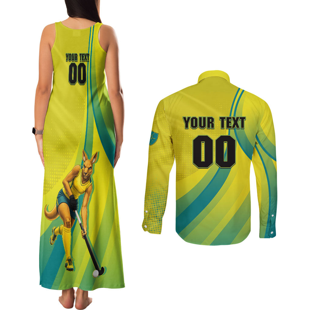 Personalised Hockeyroos Kangaroo Field Hockey Couples Matching Tank Maxi Dress and Long Sleeve Button Shirt Dynamic Australia Green Gold Athlete Mascot Design