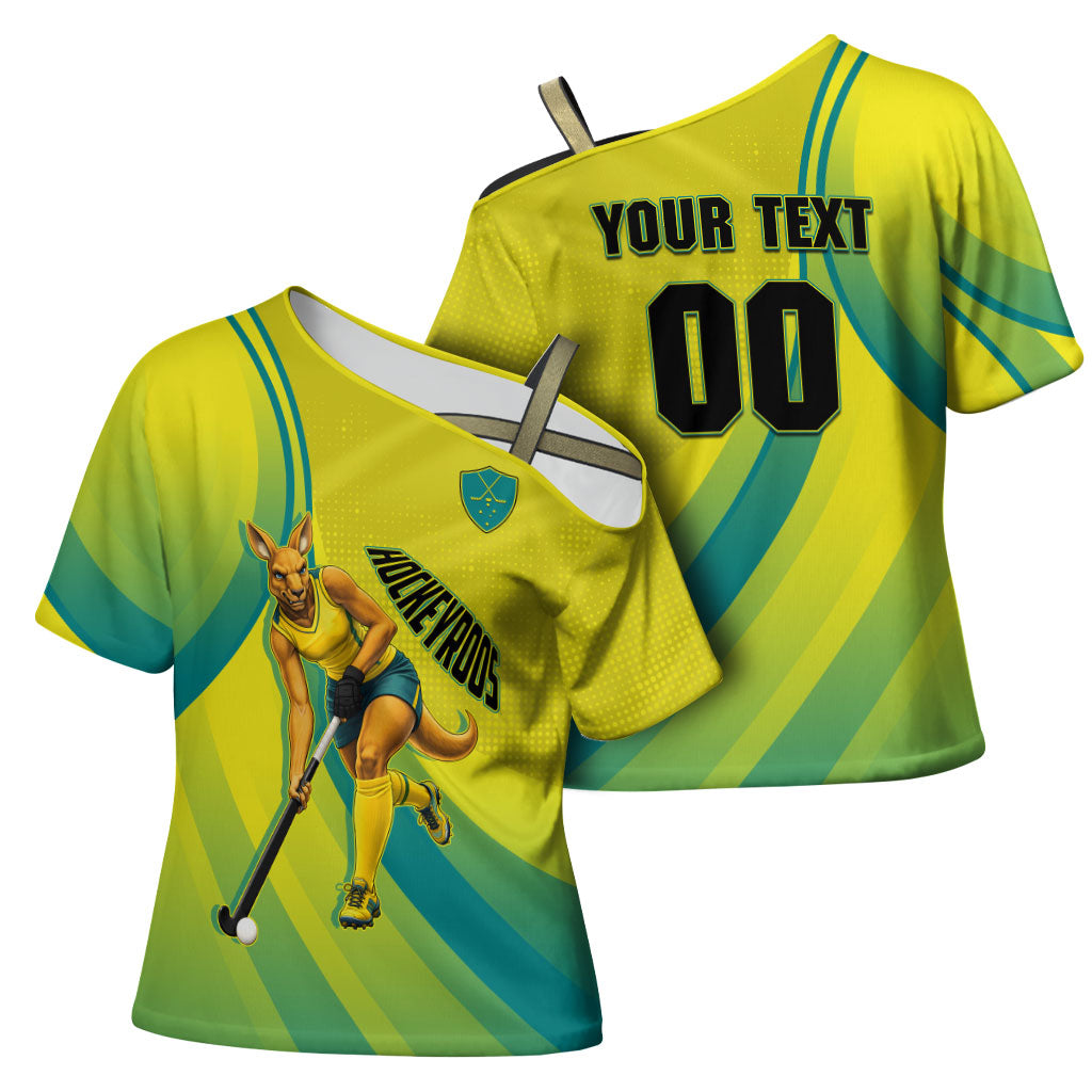 Personalised Hockeyroos Kangaroo Field Hockey Cross Shoulder Shirt Dynamic Australia Green Gold Athlete Mascot Design