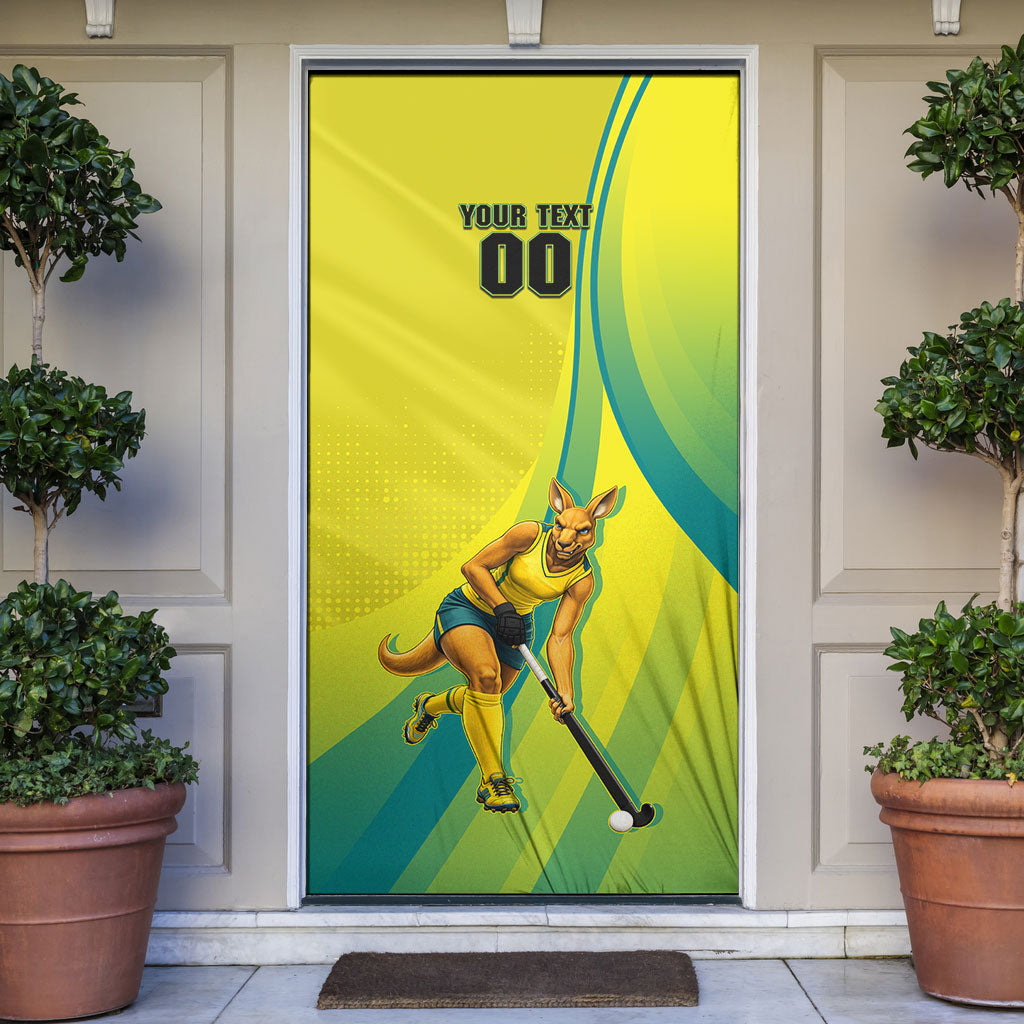 Personalised Hockeyroos Kangaroo Field Hockey Door Cover Dynamic Australia Green Gold Athlete Mascot Design