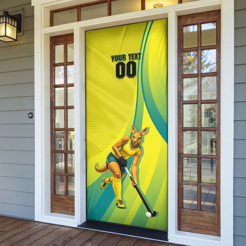 Personalised Hockeyroos Kangaroo Field Hockey Door Cover Dynamic Australia Green Gold Athlete Mascot Design