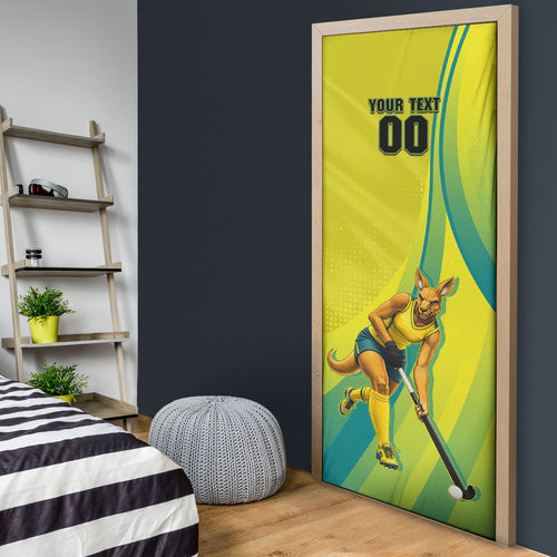 Personalised Hockeyroos Kangaroo Field Hockey Door Cover Dynamic Australia Green Gold Athlete Mascot Design