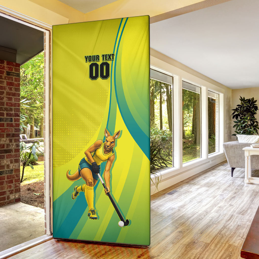 Personalised Hockeyroos Kangaroo Field Hockey Door Cover Dynamic Australia Green Gold Athlete Mascot Design