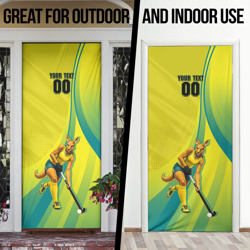 Personalised Hockeyroos Kangaroo Field Hockey Door Cover Dynamic Australia Green Gold Athlete Mascot Design