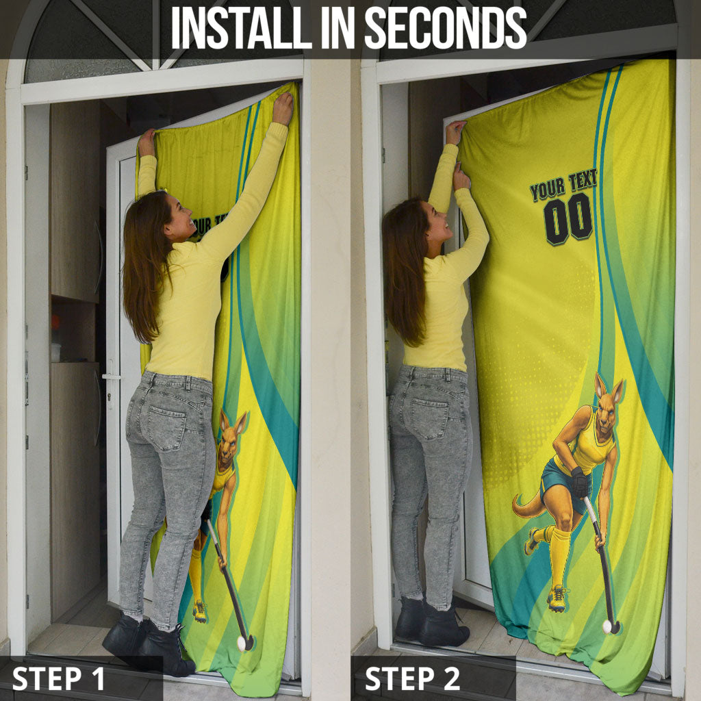 Personalised Hockeyroos Kangaroo Field Hockey Door Cover Dynamic Australia Green Gold Athlete Mascot Design
