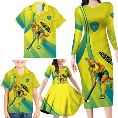 Personalised Hockeyroos Kangaroo Field Hockey Family Matching Long Sleeve Bodycon Dress and Hawaiian Shirt Dynamic Australia Green Gold Athlete Mascot Design