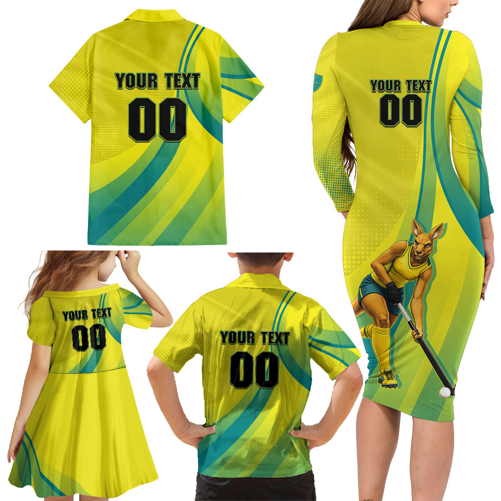 Personalised Hockeyroos Kangaroo Field Hockey Family Matching Long Sleeve Bodycon Dress and Hawaiian Shirt Dynamic Australia Green Gold Athlete Mascot Design