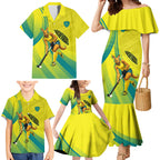 Personalised Hockeyroos Kangaroo Field Hockey Family Matching Mermaid Dress and Hawaiian Shirt Dynamic Australia Green Gold Athlete Mascot Design