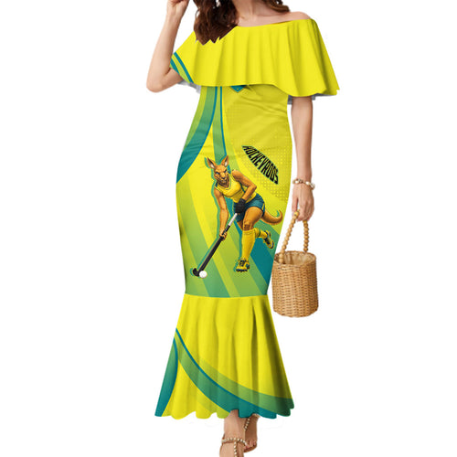 Personalised Hockeyroos Kangaroo Field Hockey Family Matching Mermaid Dress and Hawaiian Shirt Dynamic Australia Green Gold Athlete Mascot Design