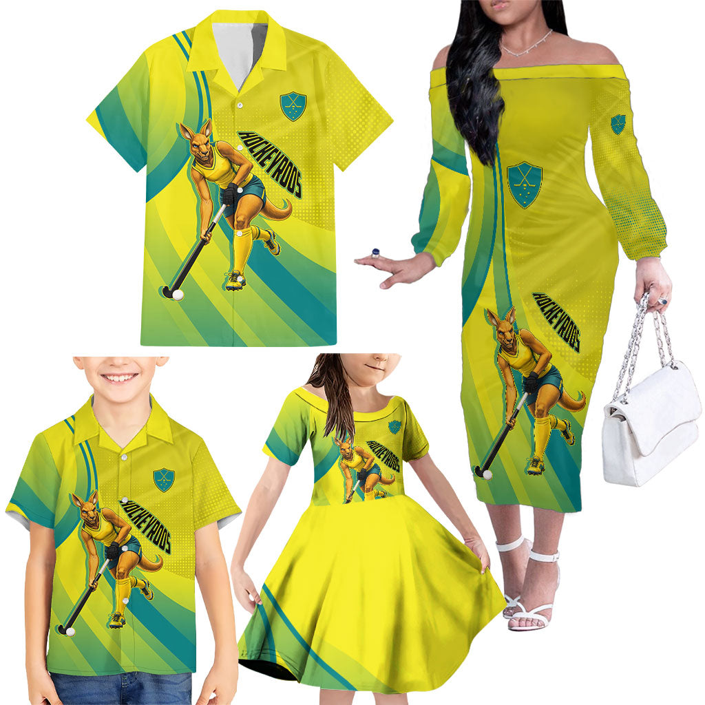 Personalised Hockeyroos Kangaroo Field Hockey Family Matching Off The Shoulder Long Sleeve Dress and Hawaiian Shirt Dynamic Australia Green Gold Athlete Mascot Design