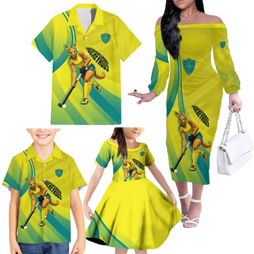 Personalised Hockeyroos Kangaroo Field Hockey Family Matching Off The Shoulder Long Sleeve Dress and Hawaiian Shirt Dynamic Australia Green Gold Athlete Mascot Design