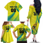 Personalised Hockeyroos Kangaroo Field Hockey Family Matching Off The Shoulder Long Sleeve Dress and Hawaiian Shirt Dynamic Australia Green Gold Athlete Mascot Design