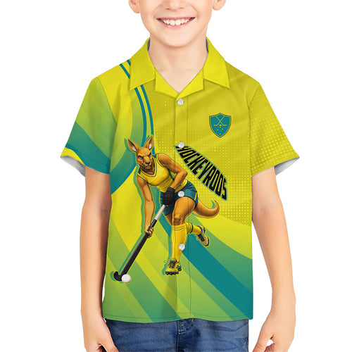 Personalised Hockeyroos Kangaroo Field Hockey Family Matching Off The Shoulder Long Sleeve Dress and Hawaiian Shirt Dynamic Australia Green Gold Athlete Mascot Design