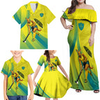 Personalised Hockeyroos Kangaroo Field Hockey Family Matching Off Shoulder Maxi Dress and Hawaiian Shirt Dynamic Australia Green Gold Athlete Mascot Design