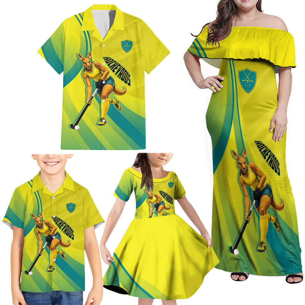 Personalised Hockeyroos Kangaroo Field Hockey Family Matching Off Shoulder Maxi Dress and Hawaiian Shirt Dynamic Australia Green Gold Athlete Mascot Design