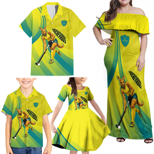 Personalised Hockeyroos Kangaroo Field Hockey Family Matching Off Shoulder Maxi Dress and Hawaiian Shirt Dynamic Australia Green Gold Athlete Mascot Design