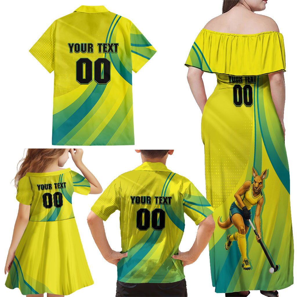 Personalised Hockeyroos Kangaroo Field Hockey Family Matching Off Shoulder Maxi Dress and Hawaiian Shirt Dynamic Australia Green Gold Athlete Mascot Design