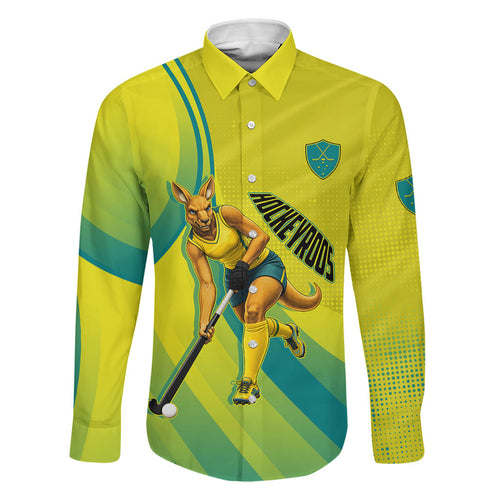 Personalised Hockeyroos Kangaroo Field Hockey Family Matching Off Shoulder Maxi Dress and Hawaiian Shirt Dynamic Australia Green Gold Athlete Mascot Design