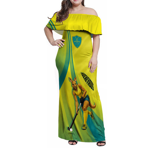 Personalised Hockeyroos Kangaroo Field Hockey Family Matching Off Shoulder Maxi Dress and Hawaiian Shirt Dynamic Australia Green Gold Athlete Mascot Design