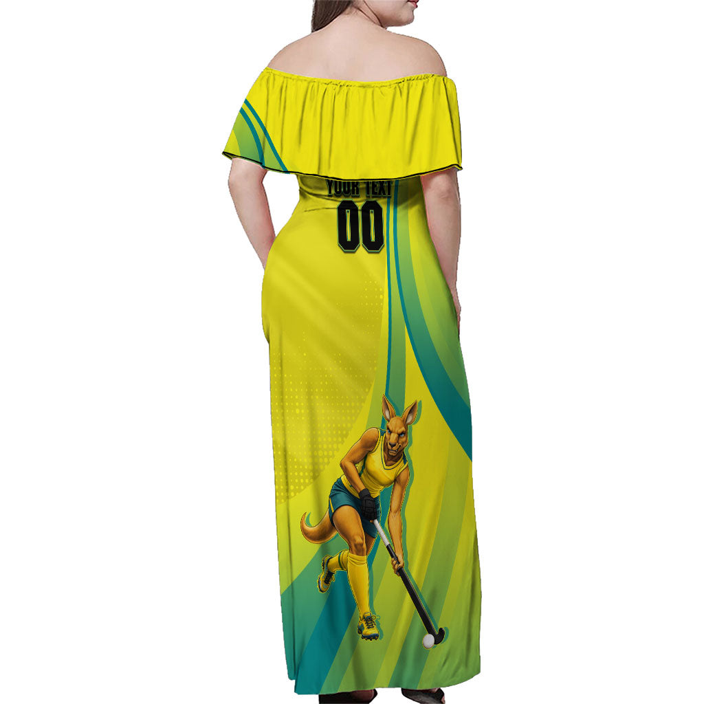 Personalised Hockeyroos Kangaroo Field Hockey Family Matching Off Shoulder Maxi Dress and Hawaiian Shirt Dynamic Australia Green Gold Athlete Mascot Design