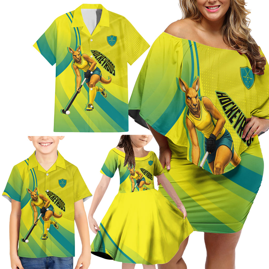 Personalised Hockeyroos Kangaroo Field Hockey Family Matching Off Shoulder Short Dress and Hawaiian Shirt Dynamic Australia Green Gold Athlete Mascot Design