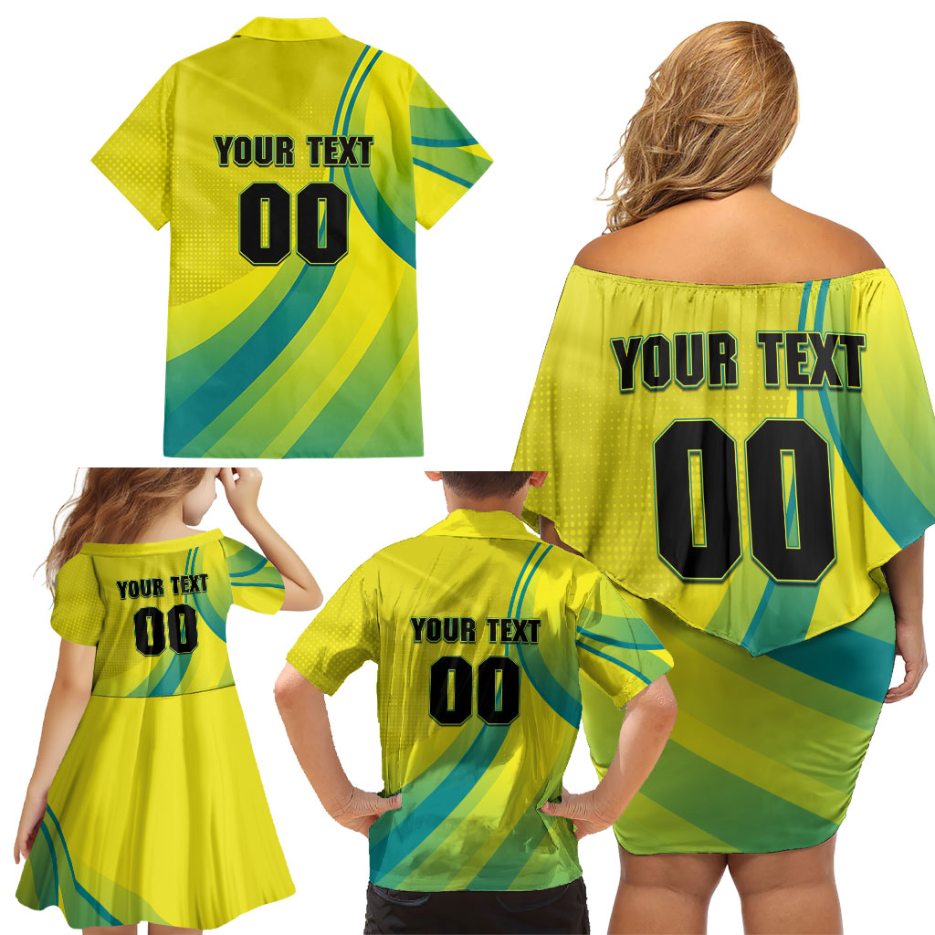 Personalised Hockeyroos Kangaroo Field Hockey Family Matching Off Shoulder Short Dress and Hawaiian Shirt Dynamic Australia Green Gold Athlete Mascot Design