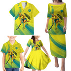 Personalised Hockeyroos Kangaroo Field Hockey Family Matching Puletasi and Hawaiian Shirt Dynamic Australia Green Gold Athlete Mascot Design