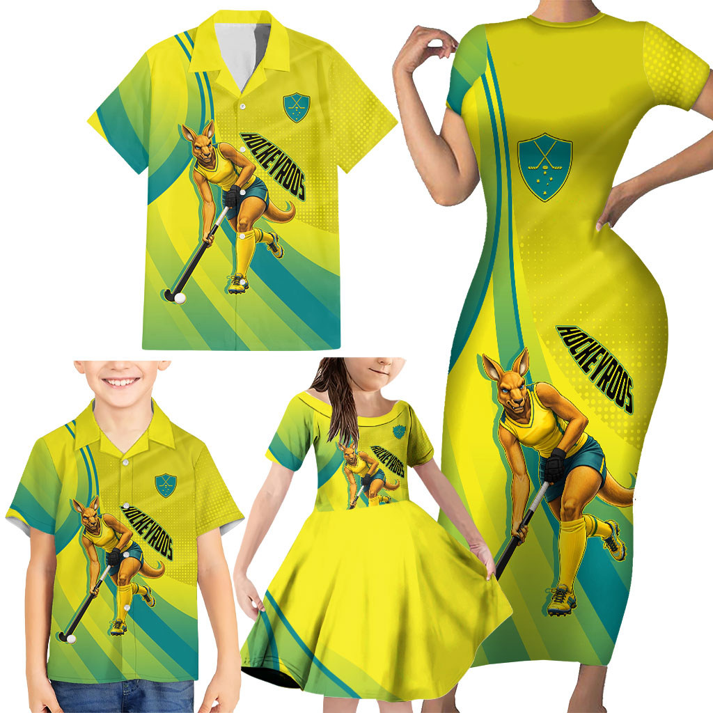 Personalised Hockeyroos Kangaroo Field Hockey Family Matching Short Sleeve Bodycon Dress and Hawaiian Shirt Dynamic Australia Green Gold Athlete Mascot Design