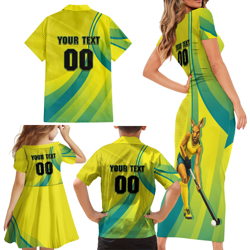 Personalised Hockeyroos Kangaroo Field Hockey Family Matching Short Sleeve Bodycon Dress and Hawaiian Shirt Dynamic Australia Green Gold Athlete Mascot Design