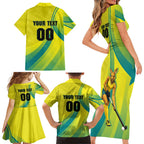 Personalised Hockeyroos Kangaroo Field Hockey Family Matching Short Sleeve Bodycon Dress and Hawaiian Shirt Dynamic Australia Green Gold Athlete Mascot Design
