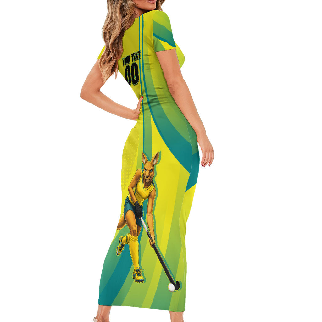 Personalised Hockeyroos Kangaroo Field Hockey Family Matching Short Sleeve Bodycon Dress and Hawaiian Shirt Dynamic Australia Green Gold Athlete Mascot Design