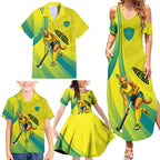 Personalised Hockeyroos Kangaroo Field Hockey Family Matching Summer Maxi Dress and Hawaiian Shirt Dynamic Australia Green Gold Athlete Mascot Design