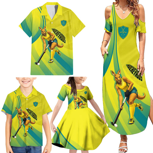Personalised Hockeyroos Kangaroo Field Hockey Family Matching Summer Maxi Dress and Hawaiian Shirt Dynamic Australia Green Gold Athlete Mascot Design
