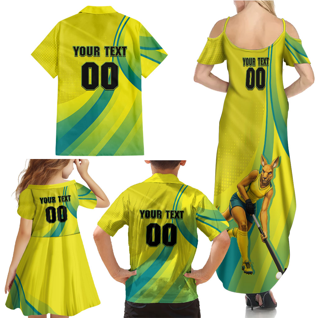 Personalised Hockeyroos Kangaroo Field Hockey Family Matching Summer Maxi Dress and Hawaiian Shirt Dynamic Australia Green Gold Athlete Mascot Design