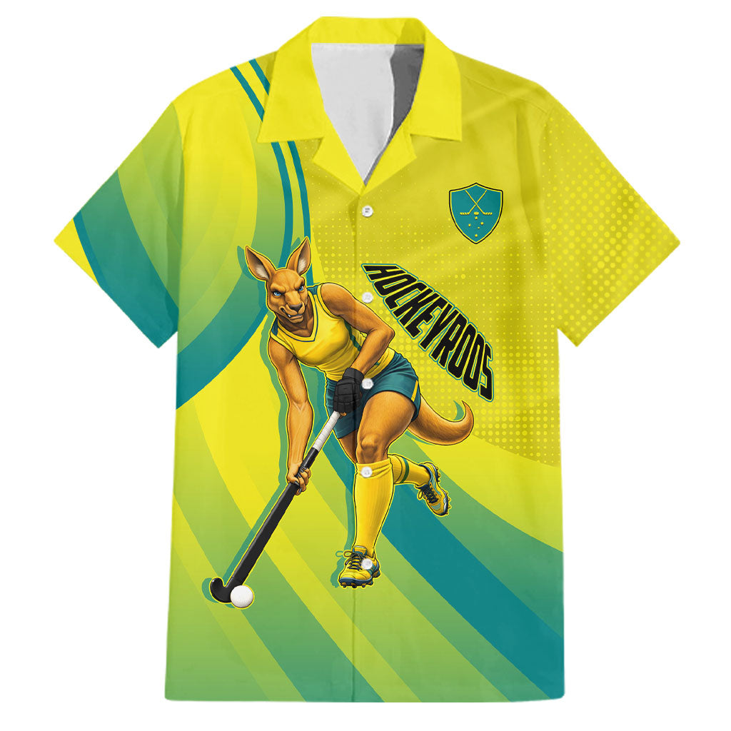 Personalised Hockeyroos Kangaroo Field Hockey Family Matching Summer Maxi Dress and Hawaiian Shirt Dynamic Australia Green Gold Athlete Mascot Design