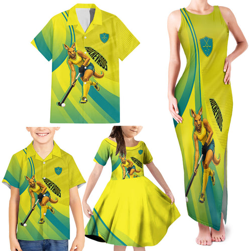 Personalised Hockeyroos Kangaroo Field Hockey Family Matching Tank Maxi Dress and Hawaiian Shirt Dynamic Australia Green Gold Athlete Mascot Design