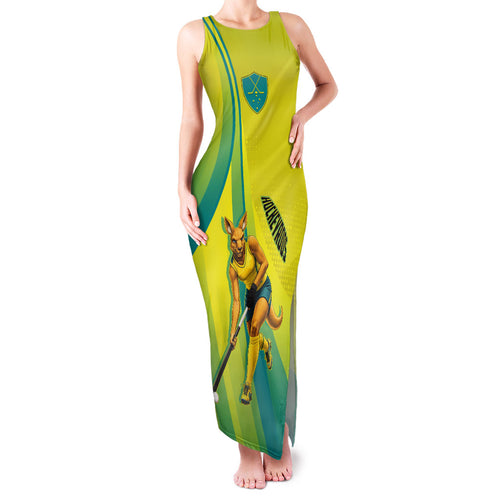 Personalised Hockeyroos Kangaroo Field Hockey Family Matching Tank Maxi Dress and Hawaiian Shirt Dynamic Australia Green Gold Athlete Mascot Design