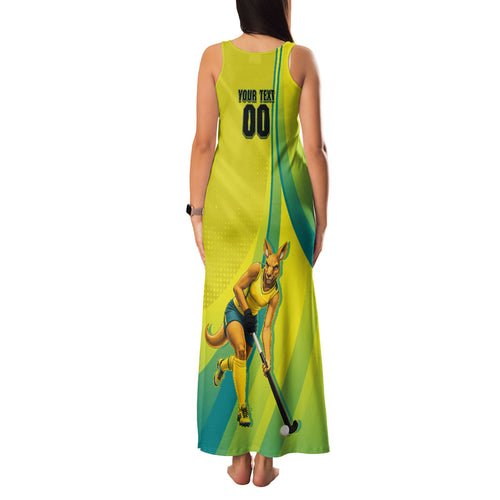 Personalised Hockeyroos Kangaroo Field Hockey Family Matching Tank Maxi Dress and Hawaiian Shirt Dynamic Australia Green Gold Athlete Mascot Design