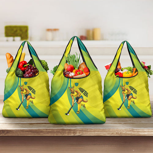 Personalised Hockeyroos Kangaroo Field Hockey Grocery Bag Dynamic Australia Green Gold Athlete Mascot Design